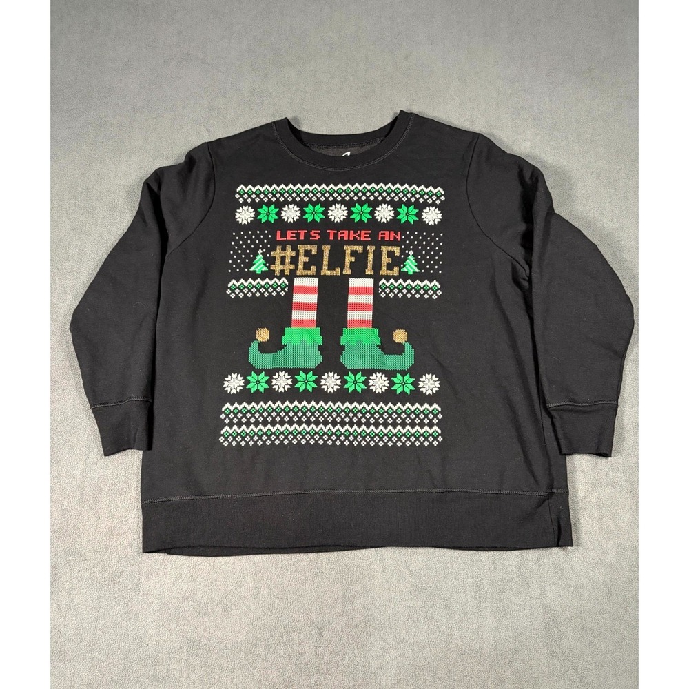 Just My Size Sweatshirt Womens 2X Black Lets Take An Elfie Ugly Fleece Lined